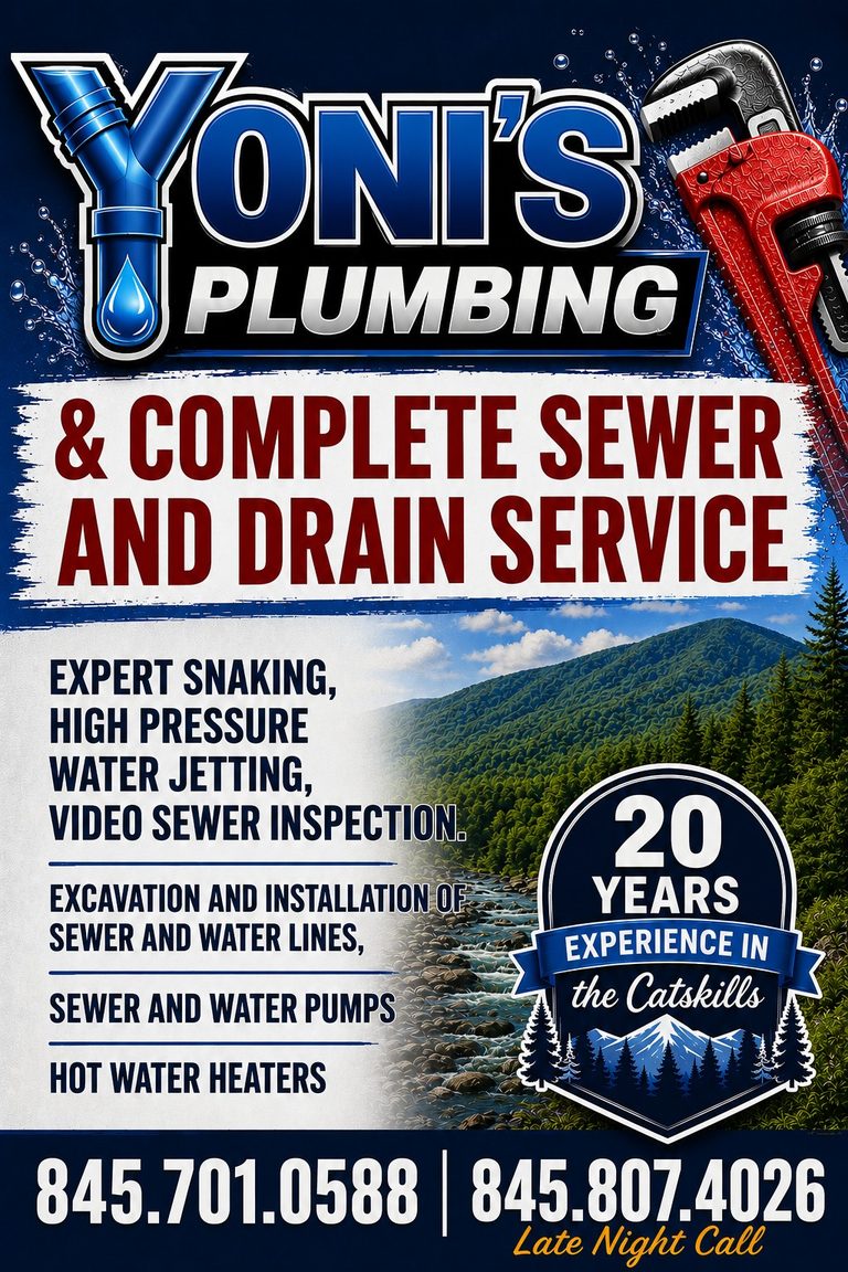 Yoni's Plumbing advertisement listing complete sewer and drain service, expert snaking, water jetting, video sewer inspection, excavation, water lines, pumps, and hot water heaters.